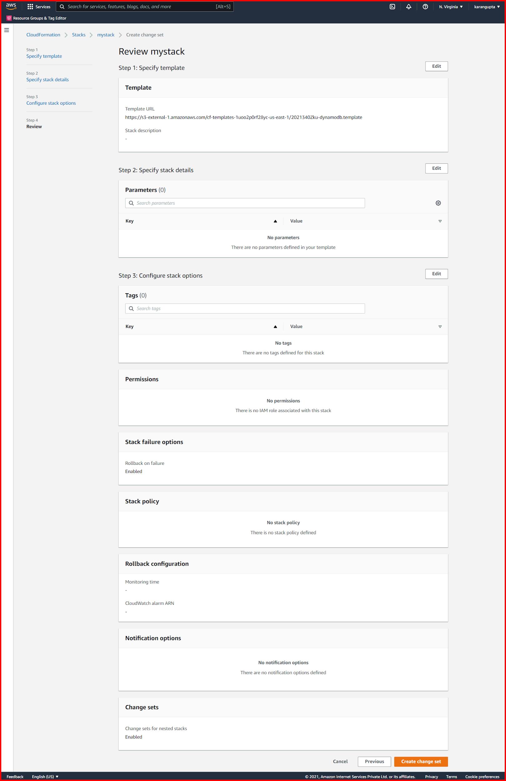 Picture showing the review screen of the the Create change set for current stack screen